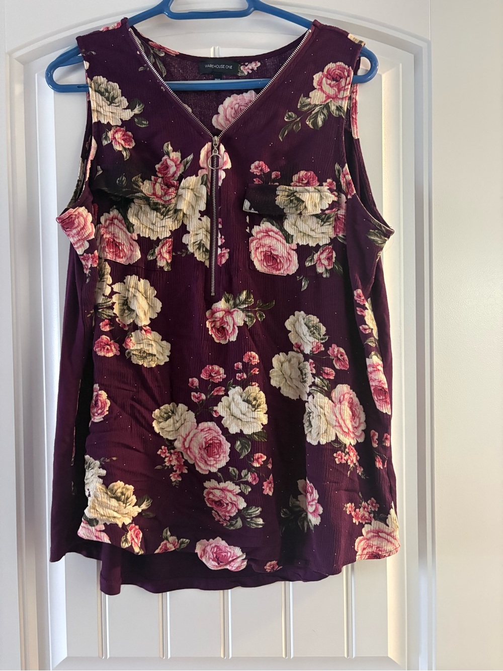 Floral Zip-Front Sleeveless Tank Top - Plum